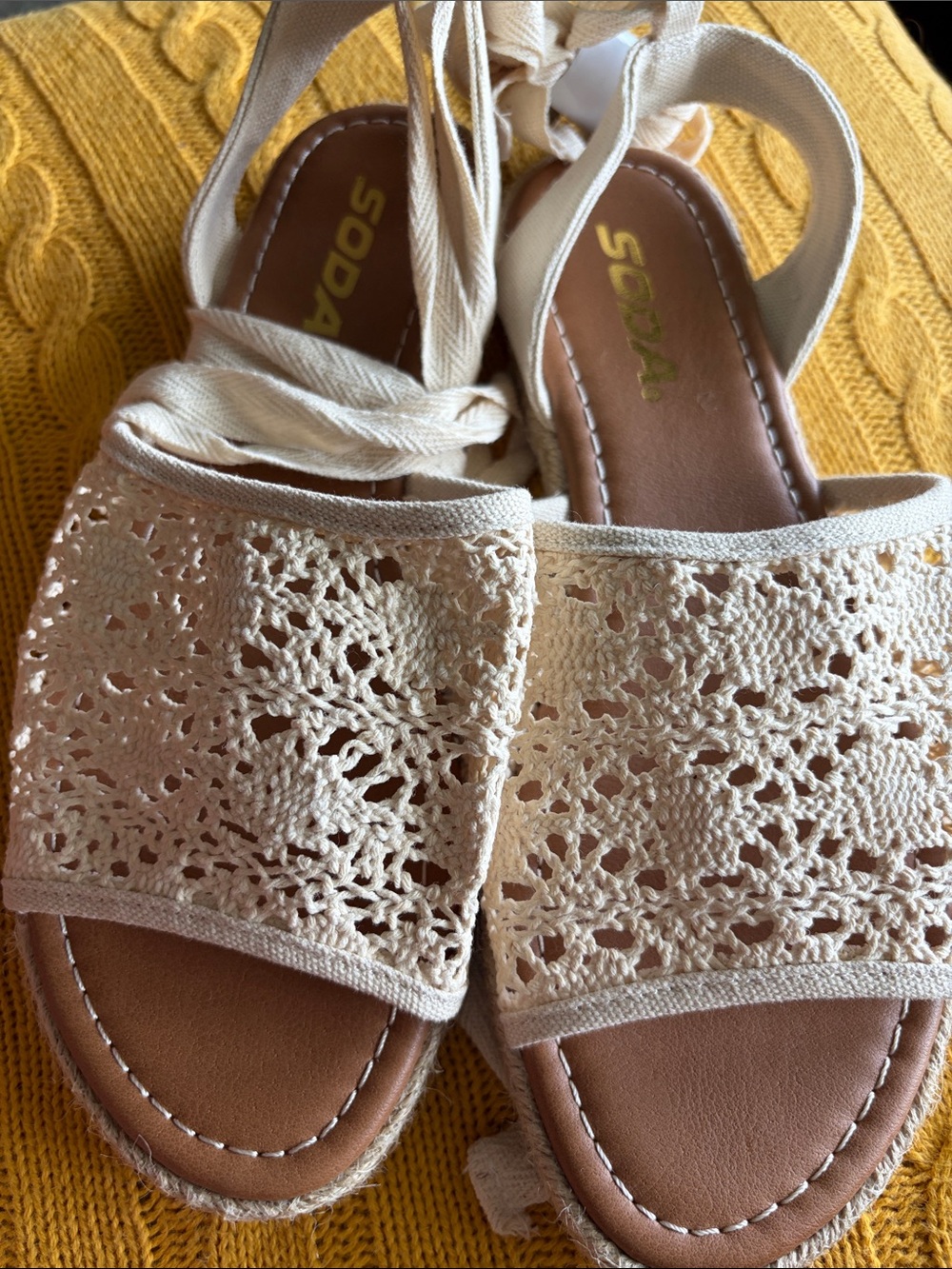 Soda Cream Crochet Lace Ankle Tie Sandals